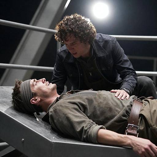 Distressed Man on Metallic Industrial Platform