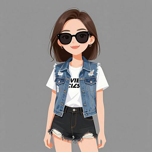 Digital anime-style drawing of a young woman with dark brown hair, large black sunglasses, denim vest, white t-shirt, and frayed black shorts against