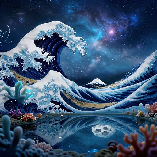 Digital art of a cosmic wave crashing over a reflective ocean, featuring colorful coral, starry sky, and distant mountain peak.