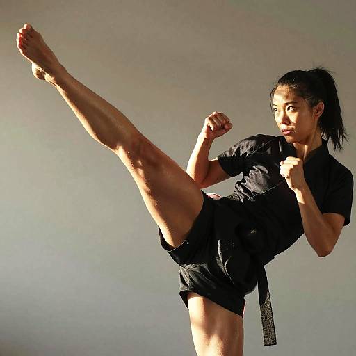 Photograph of a determined Asian woman with dark hair in a ponytail, wearing a black shirt and shorts, performing a high kick against a plain,