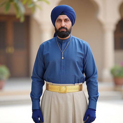 Photograph of a bearded man with a blue turban, blue shirt, gold-belted beige trousers, and black gloves, standing in a