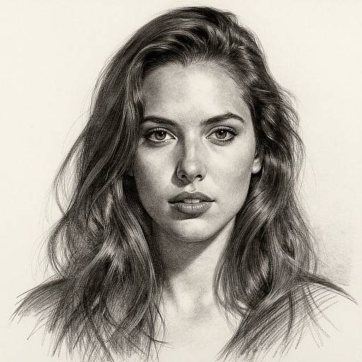Black-and-white pencil sketch of a young woman with wavy hair, intense eyes, and a neutral expression, set against a white background.