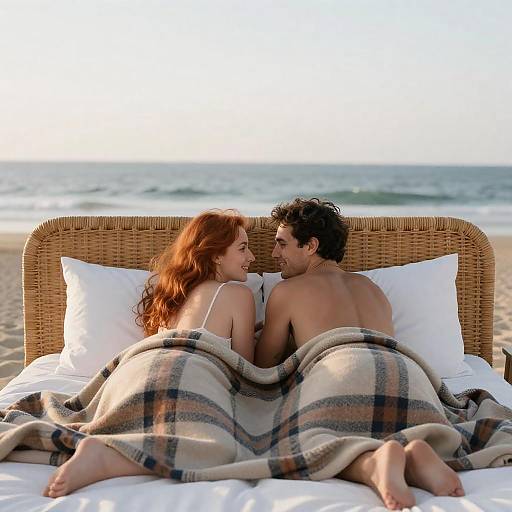 Couple Cuddling on Beach Bed with Ocean View