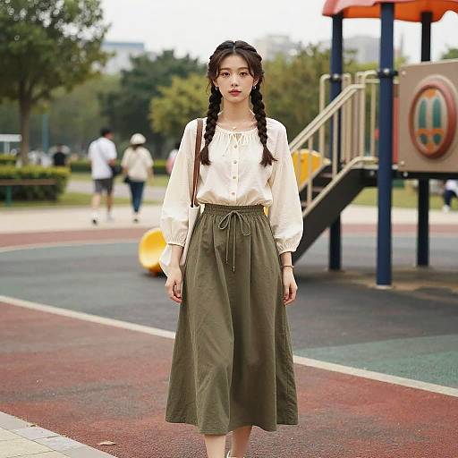 Photograph of an Asian woman with long braided hair, wearing a white blouse and olive green high-waisted skirt, standing in a park near