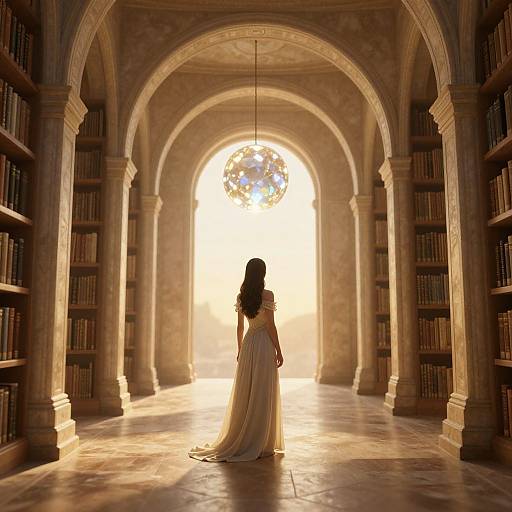 Photograph of a woman in a flowing white gown standing in a sunlit, arched library with bookshelves on either side.