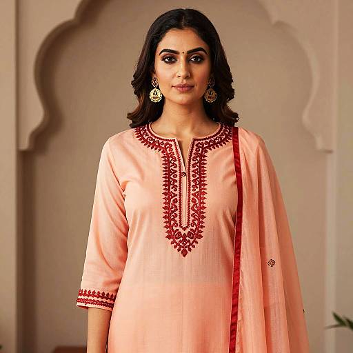 Confident Woman in Peach Embroidered Kurta