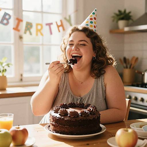 Joyful Woman Enjoying Birthday Cake