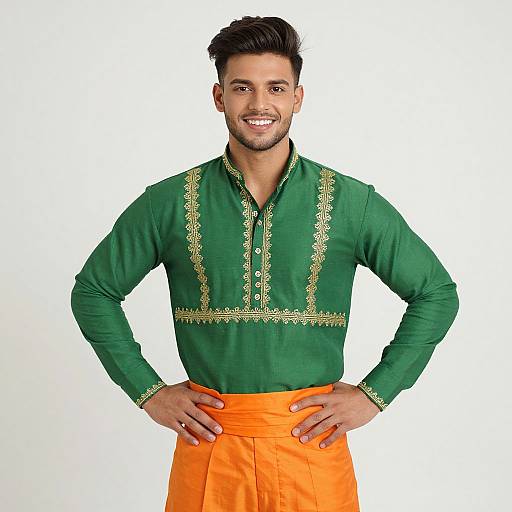 Photograph of a smiling, dark-haired man in a green embroidered shirt and orange pants, standing against a white background.