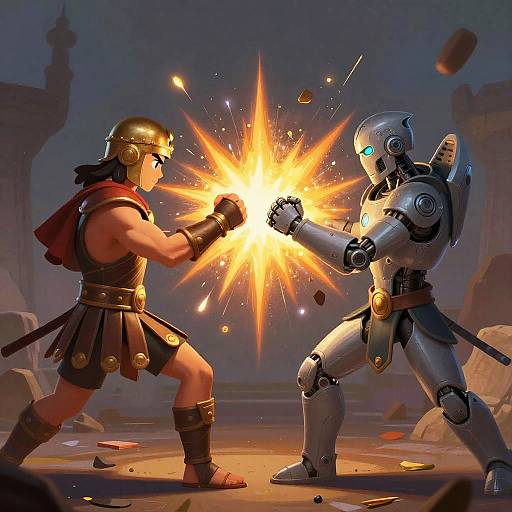 Digital artwork of a muscular gladiator with bronze armor and red cape, exchanging a fiery explosion with a metallic, robotic gladiator in a ruined, rocky