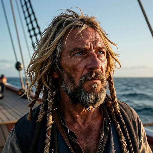Photograph of a rugged, bearded man with long, braided blonde hair, wearing a weathered shirt, standing on a ship at sunset,