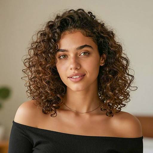 Young Woman with Curly Hair in Black Off-Shoulder Top