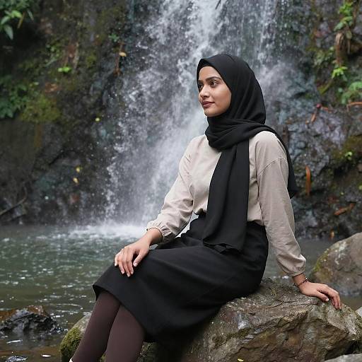 Woman in Hijab by Waterfall