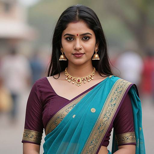 Photograph of a beautiful Indian woman with long black hair, wearing a teal saree with gold embroidery, maroon blouse, gold jewelry, and a