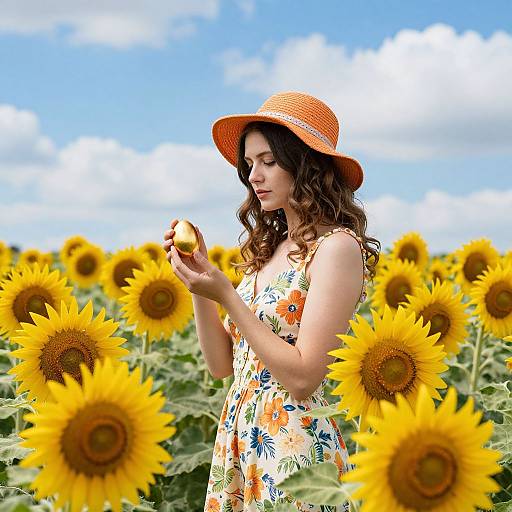 Photograph of a curly-haired woman in a sunhat and floral dress, holding a sunflower, standing in a vibrant sunflower field under a blue
