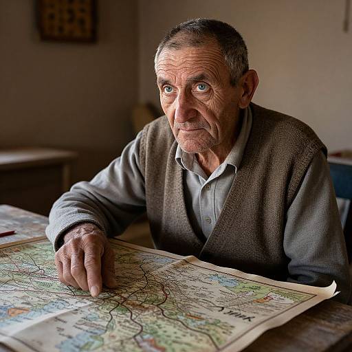 Photograph of an elderly man with wrinkled skin, short gray hair, and blue eyes, wearing a gray cardigan, studying a detailed map on