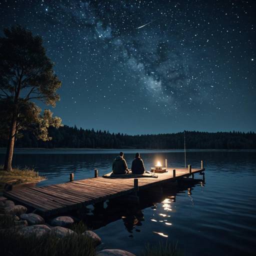 Couple Fishing on Lakeside Pier Under Starry Sky