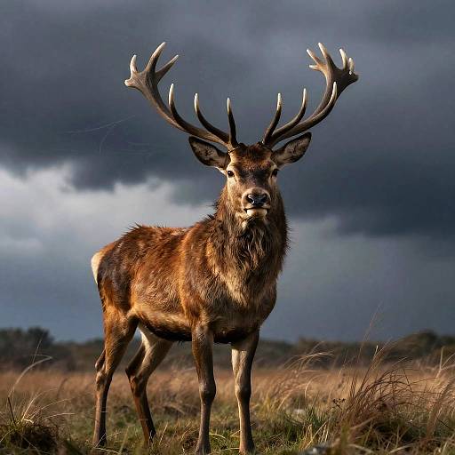 Male Red Deer Stag in Stormy Grassland