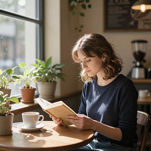 Photograph of a young woman with shoulder-length brown hair, wearing a black sweater, reading a book at a sunlit café table with potted plants