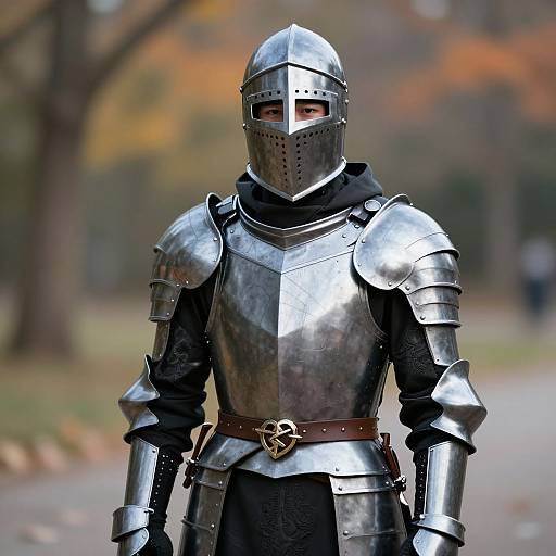 Photograph of a medieval knight in shiny silver armor with a full-face helmet, black undergarments, and brown belt, standing in a blurred autumn