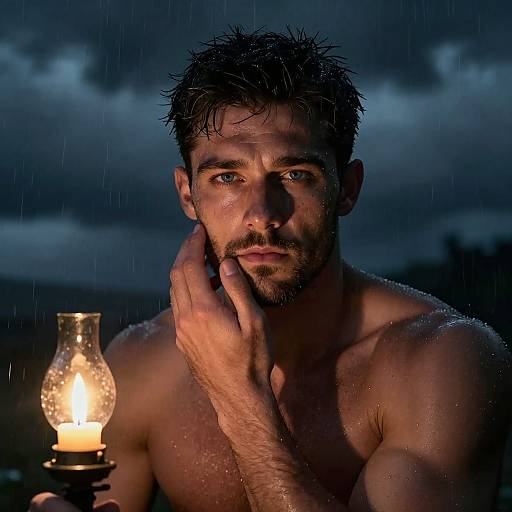 Photograph of a wet, shirtless man with dark, wet hair, holding a glowing lantern in the rain, under a stormy night sky.
