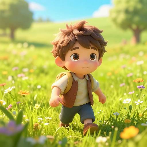 CGI image of a cute, chubby boy with brown hair, wearing a white shirt, brown vest, and blue pants, walking through a sunny,