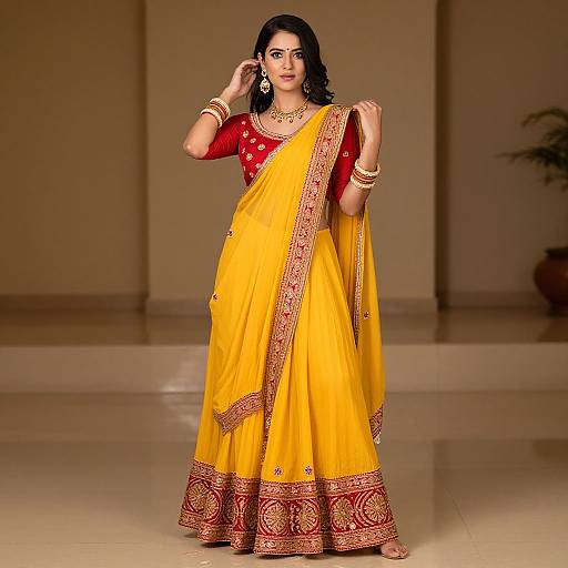 Photograph of a confident woman with dark hair, wearing a vibrant yellow saree with red and gold trim, red blouse, and gold jewelry, posing