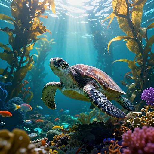 Photograph of a sea turtle swimming gracefully through a vibrant underwater coral reef, illuminated by sunbeams, surrounded by colorful corals and seaweed.