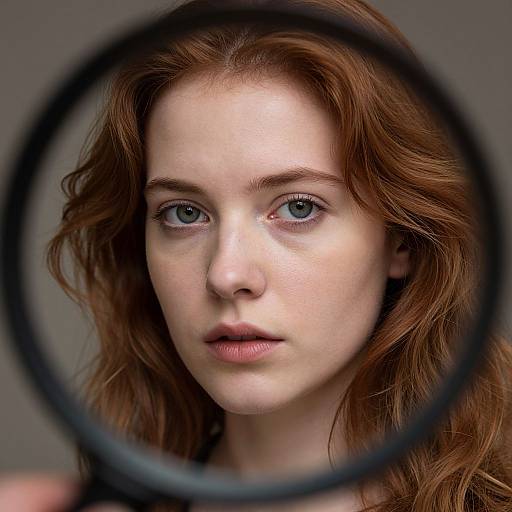 Close-up photograph of a fair-skinned woman with red hair, blue eyes, and freckles, viewed through a black ringed magnifying glass