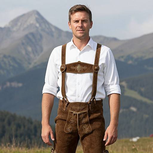 Photograph of a white male with short brown hair, wearing brown leather suspenders and white shirt, standing in a mountainous landscape.