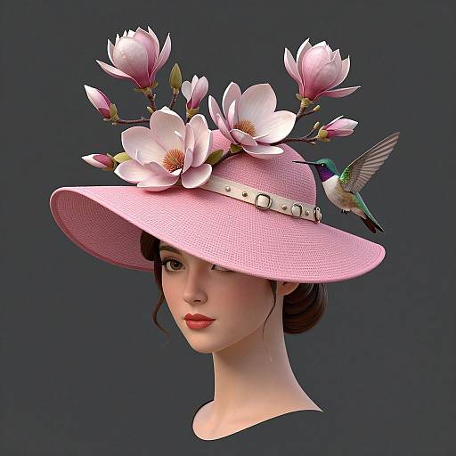 Digital artwork of a pale-skinned woman with red lips wearing a pink hat adorned with pink and white flowers, a small hummingbird perched on it