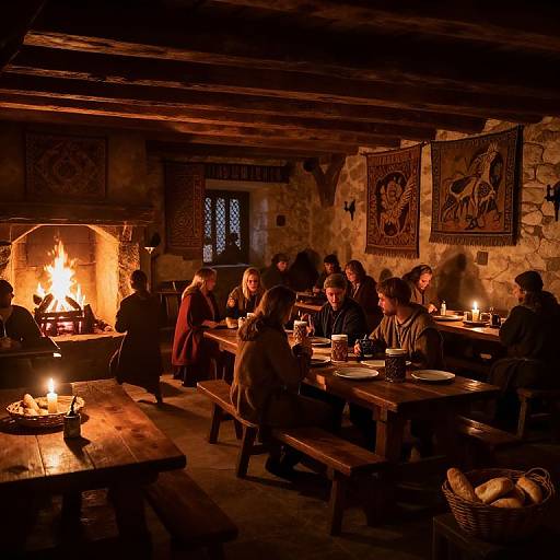 Photograph of a dimly lit, rustic medieval tavern with a roaring fire, wooden tables, candlelight, and a group of people seated and convers