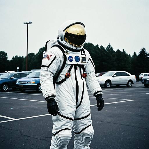 Photograph of an astronaut in a white spacesuit with reflective helmet, standing in a parking lot with cars and trees in the background.
