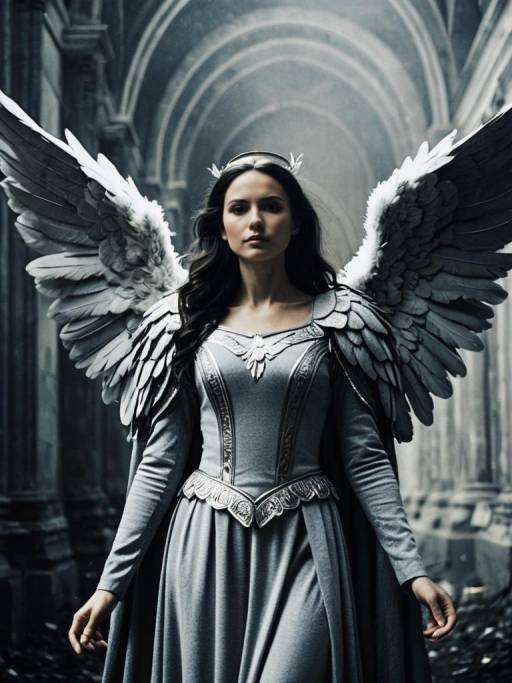 Woman in Grey Angel Wings Costume