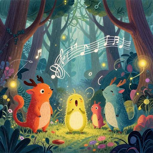 Whimsical forest illustration: colorful, fuzzy creatures with antlers and tails gather around a glowing light, musical notes floating overhead, surrounded by vibrant flowers