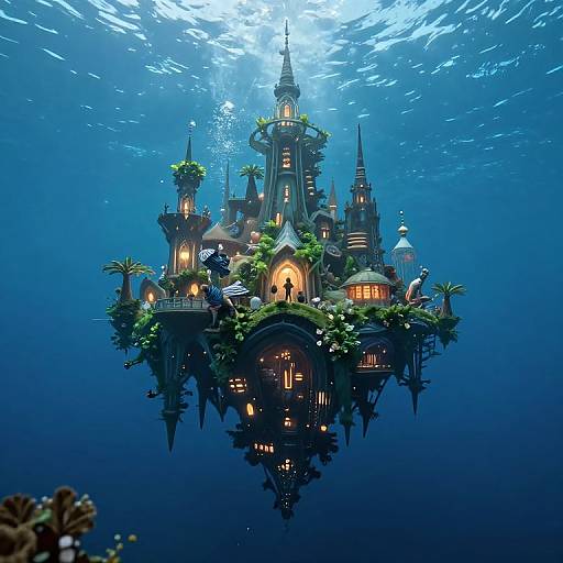 Photorealistic CGI of an underwater, illuminated, fantasy castle with glowing windows, surrounded by greenery and palm trees, bathed in blue ocean light