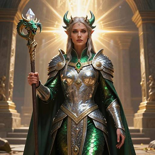 Digital artwork of a silver-haired, horned elf queen in shiny silver armor and green scalemail, holding a glowing staff, with sunlight radiating behind