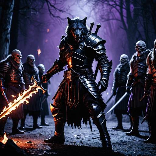 Armored Werewolf with Flaming Greatsword Facing Ghouls