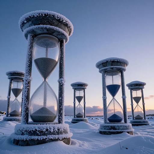 Photograph of snow-covered hourglass sculptures standing in a snowy landscape at sunset, with a clear blue sky and soft pink horizon.