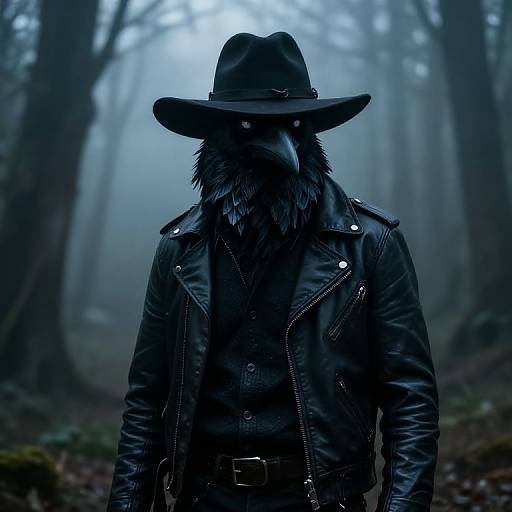 Mysterious figure in black leather jacket, wide-brimmed hat, and black bird mask standing in foggy forest, photo-realistic digital art.