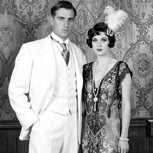 Black-and-white photograph of a 1930s-style couple; man in white suit, woman in black lace dress with feathered headpiece, elegant