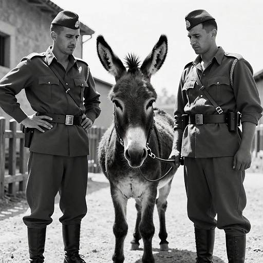 Black and White Photo of Two Soldiers with Donkey