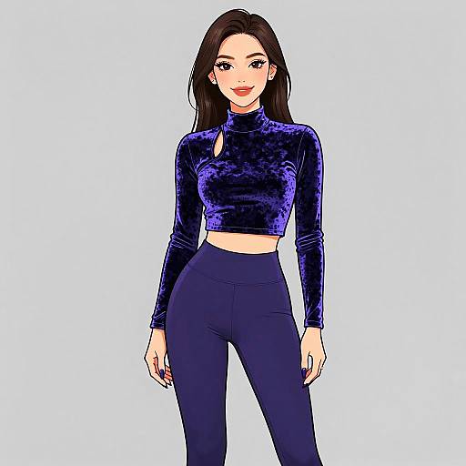 Digital illustration of a smiling woman with long brown hair, wearing a dark blue velvet crop top and high-waisted pants, standing against a white background