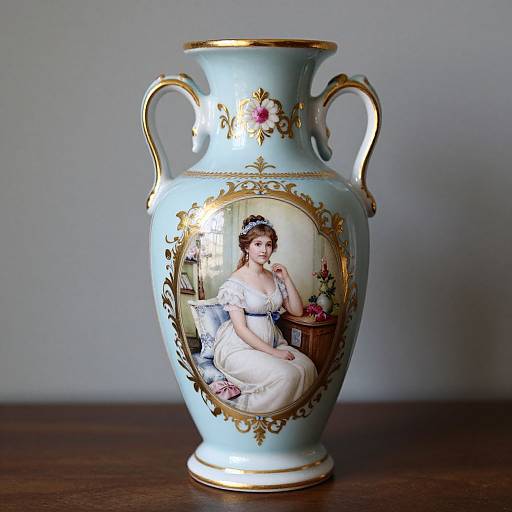 Photograph of an ornate, light blue porcelain vase with gold accents, featuring a painted portrait of a woman in a white dress seated on a chair