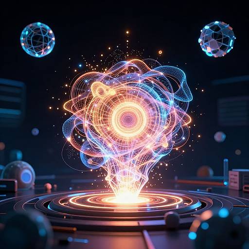 Digital art of a vibrant, glowing, spherical energy vortex with swirling blue and orange lines, set against a dark, futuristic background with floating, grid-like