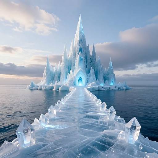 Photorealistic CGI of glowing, jagged ice castle on calm ocean, illuminated by internal blue light, with cloudy sky at sunset.