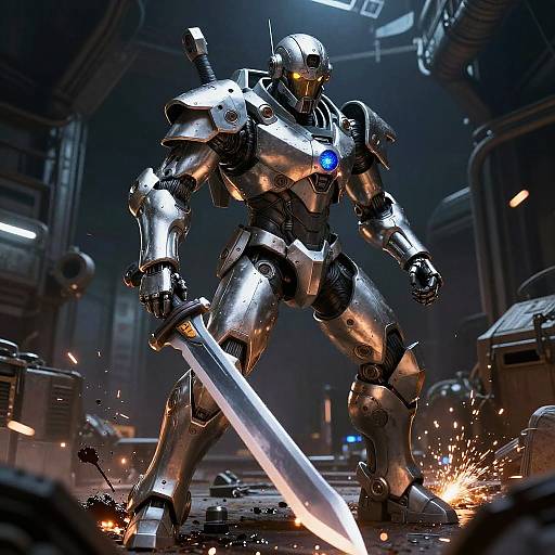 CGI image of a muscular, silver robotic warrior with glowing blue chest emblem, wielding a glowing sword, surrounded by sparks in a dark, futuristic industrial