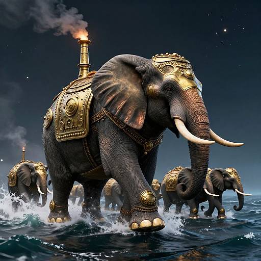 Digital illustration of majestic, gold-adorned elephants with torches, marching through turbulent ocean waves under a starry night sky.