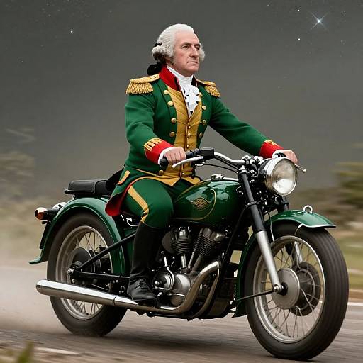 Photograph of an elderly white man with white hair, in a green military jacket with gold epaulettes, riding a vintage green motorcycle against a