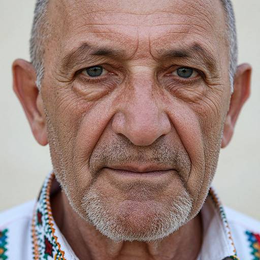 Close-up photograph of an elderly man with wrinkled skin, gray hair, and beard, wearing a white shirt and patterned necklace, against a plain