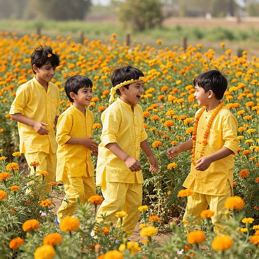 Joyful Children in Marigold Field